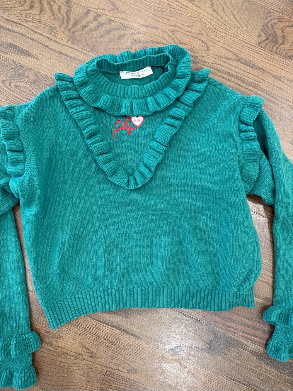 Philosophy Teal Ruffle-Trim Knit Sweater with Red Heart Stitching